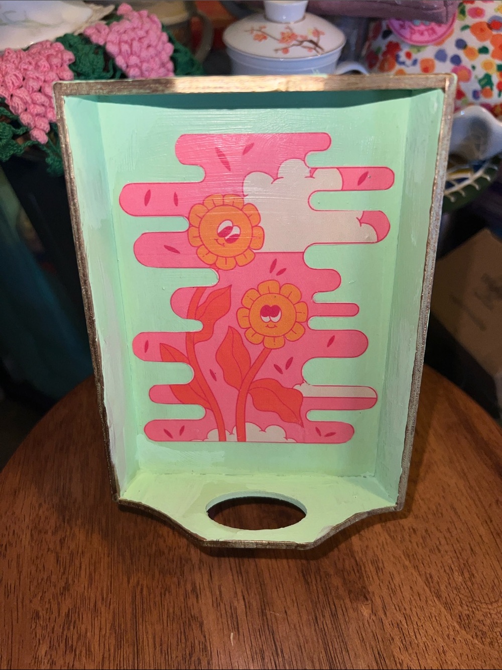 Handpainted wood trinket tray with orange flowers and pop art design